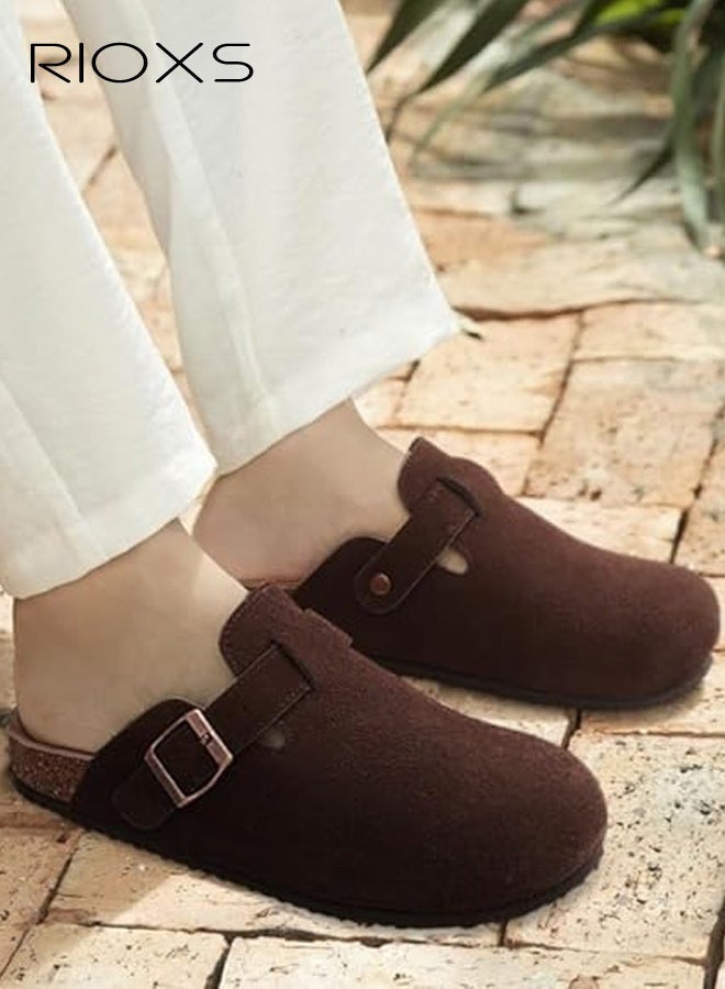 RIOXS Unisex Suede Clogs, Women's Flat Mules Men's Clogs Mules, Premium Suede Leather Clogs Sandals, Anti-Slip Flat Mules for Men Women, Classic Slip-On Closed Toe Slippers, Clog Potato Shoes with Arch Support, Soft Cork Footbed Adjustable Buckle Slip Sandals, Casual Clogs for Indoors Outdoor Activities, Wide Feet Friendly Clogs for Work and Weekend Outings, ​Coffer Brown Suede Mules - Image 1